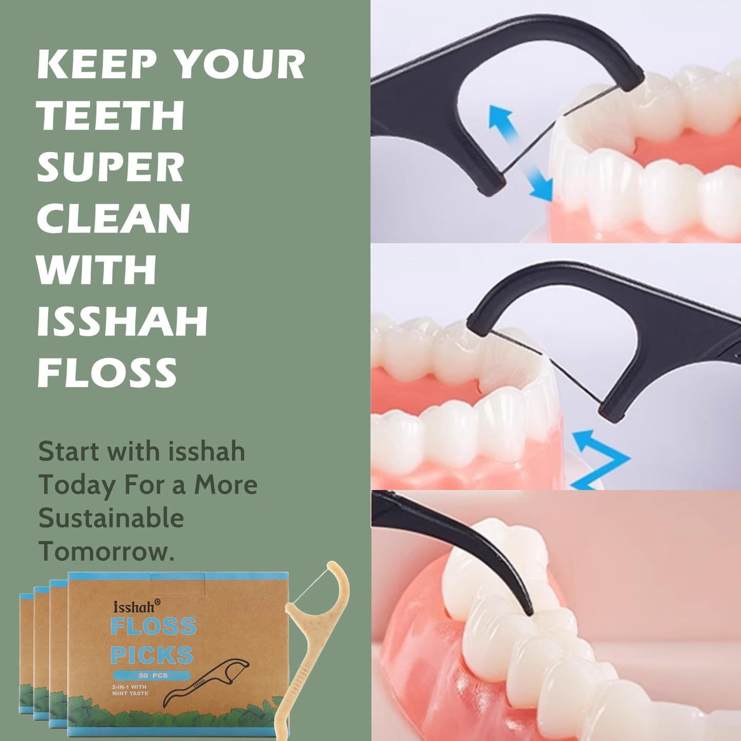 Natural Dental Floss Picks - 200 Count - Bpa Free, Vegan, Sustainable, Eco Friendly, Natural Dental Flossers By Isshah (Mint)