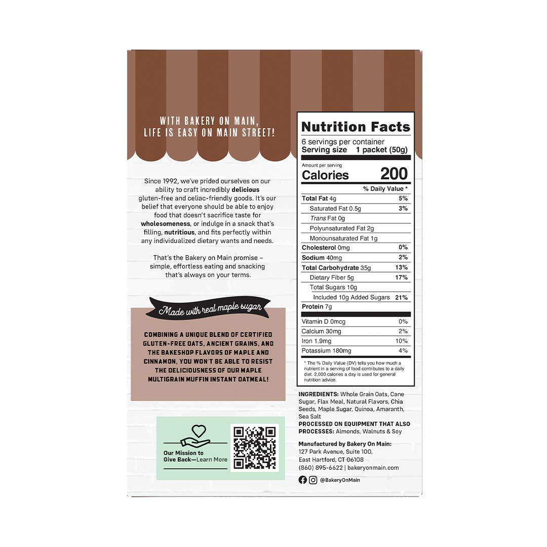 Bakery On Main, Gluten-Free Instant Oatmeal, Vegan & Non GMO - Maple Multigrain Muffin 1.75 Ounce (Pack of 6)