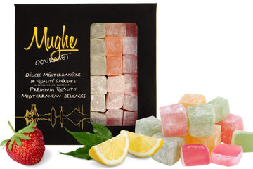 Mughe Gourmet Turkish Delight Candy Gift Box - 13.05Oz/370G - Halal Vegan Lokum Fruit Flavors Rose, Strawberry, Lemon, Orange, Mint - Gifts For Special Occasions, Halloween, Christmas, Birthdays
