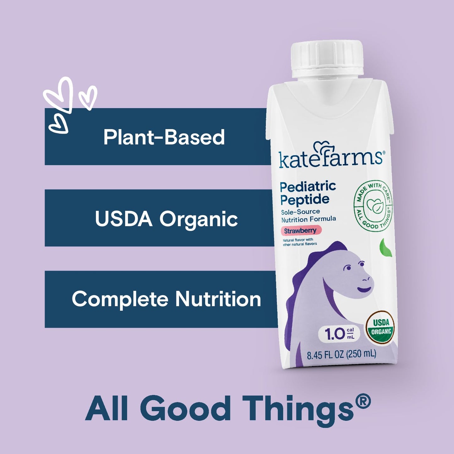 KATE FARMS Organic Pediatric Peptide 1.0 Formula, Strawberry, Sole-Source Hydrolyzed Plant-Based Nutrition for Oral or Tube Feed