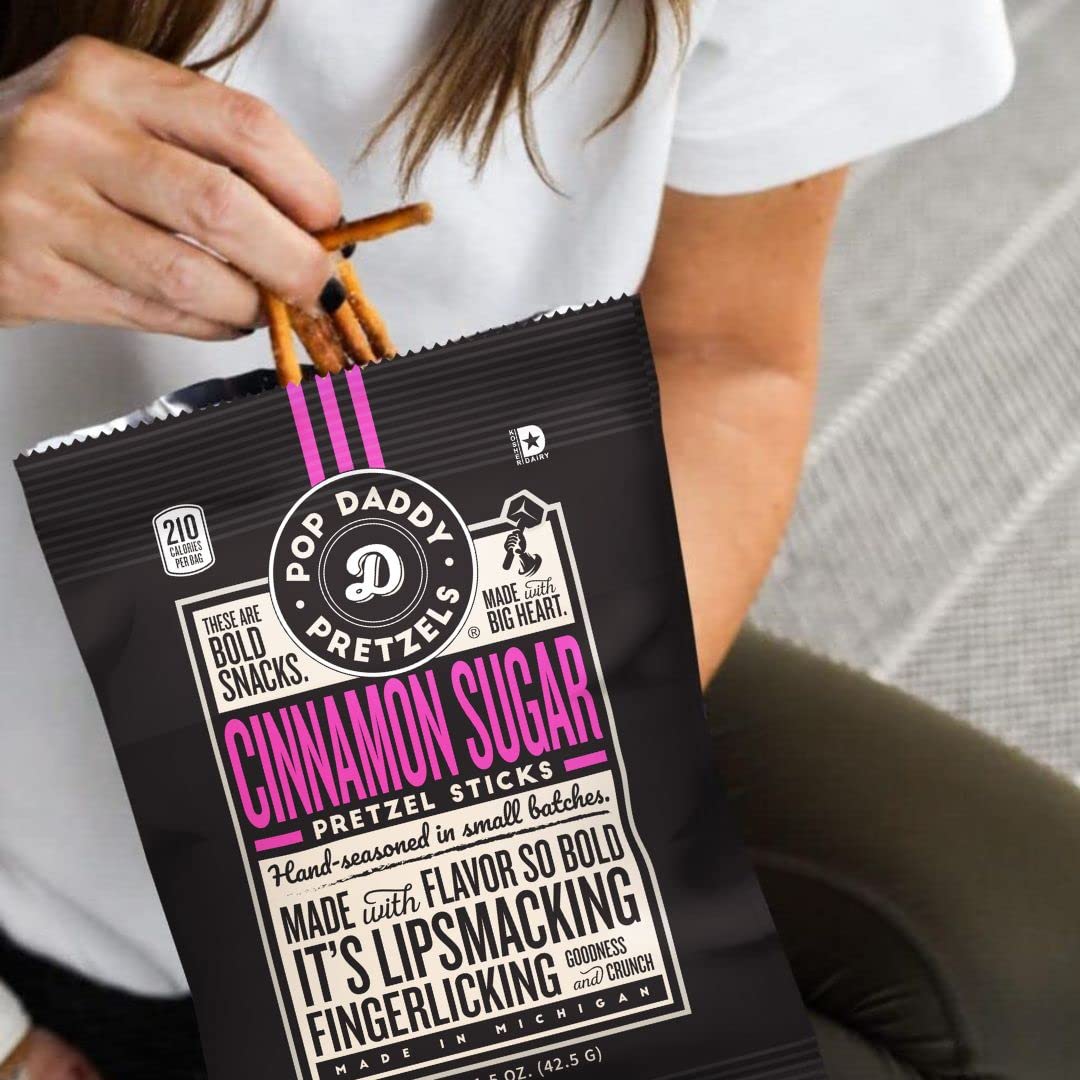 Pop Daddy Flavored Pretzels Sticks, Cinnamon Sugar Flavor, 3oz Healthy Gourmet Pretzels Snacks, 15 Pack