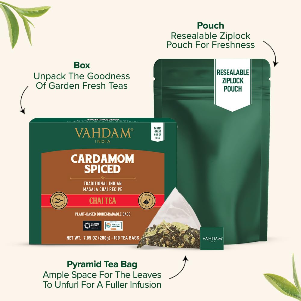 Vahdam, Cardamom Masala Chai Tea Bags (100 Count) Non Gmo, Gluten Free, No Artificial Flavor | Blended W/Exotic Spices | Chai Te