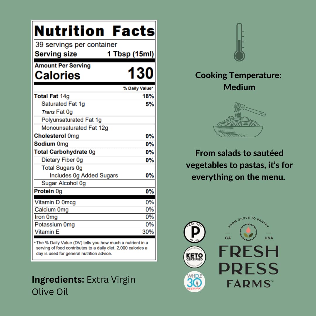 Fresh Press Farms Cold Pressed Classic Extra Virgin Olive Oil, 16.4 Fl Oz (Pack of 2), Non-GMO, Gluten Free, Whole30, Keto, Paleo