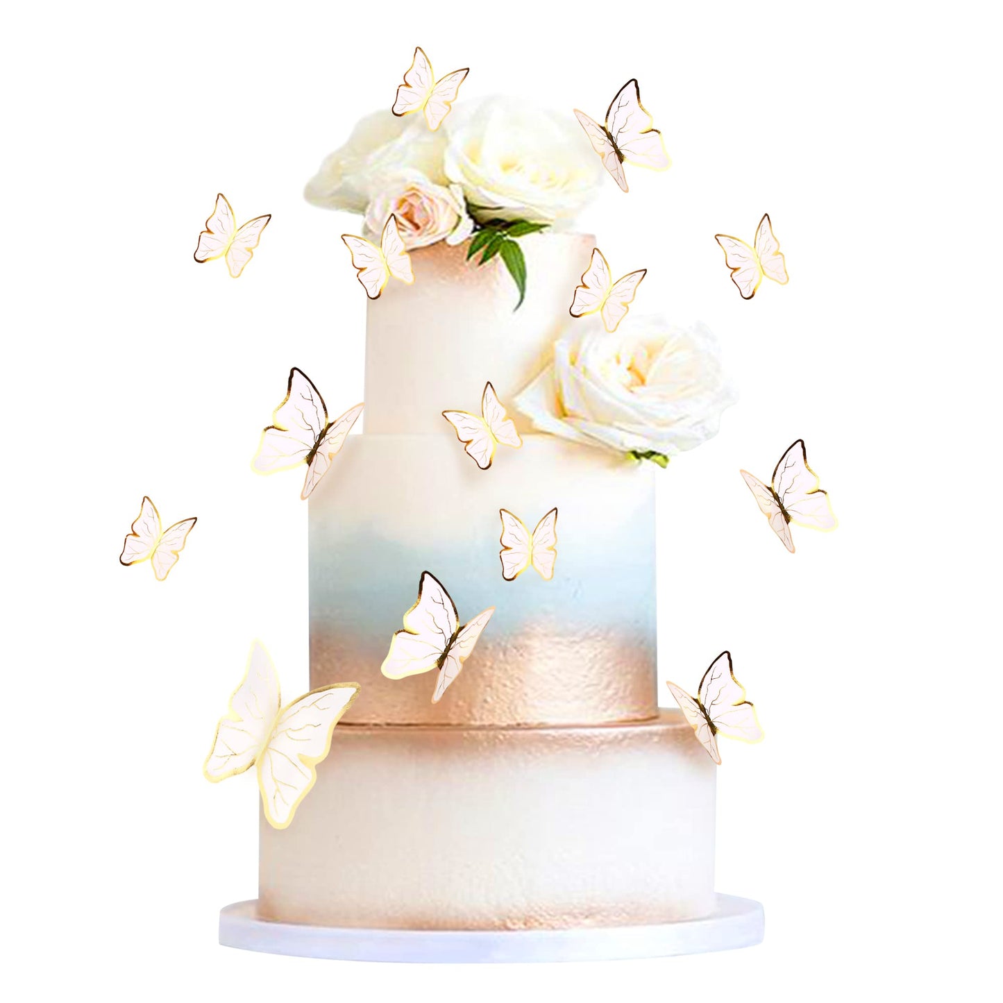 Cyodoos 30Pcs White Gold Edge Mixed Size Lively 3D Waterproof Butterfly Cupcake Topper For Girls Women'S Happy Birthday Wedding