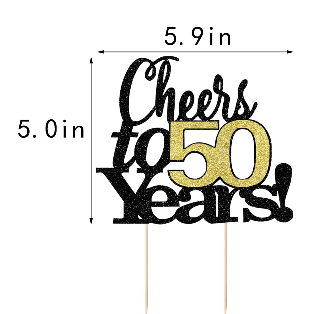 LVEUD Cake Topper - Cheers to 50 Years, 7x8 inches, Black Font with Golden Numbers, Model LX322-334