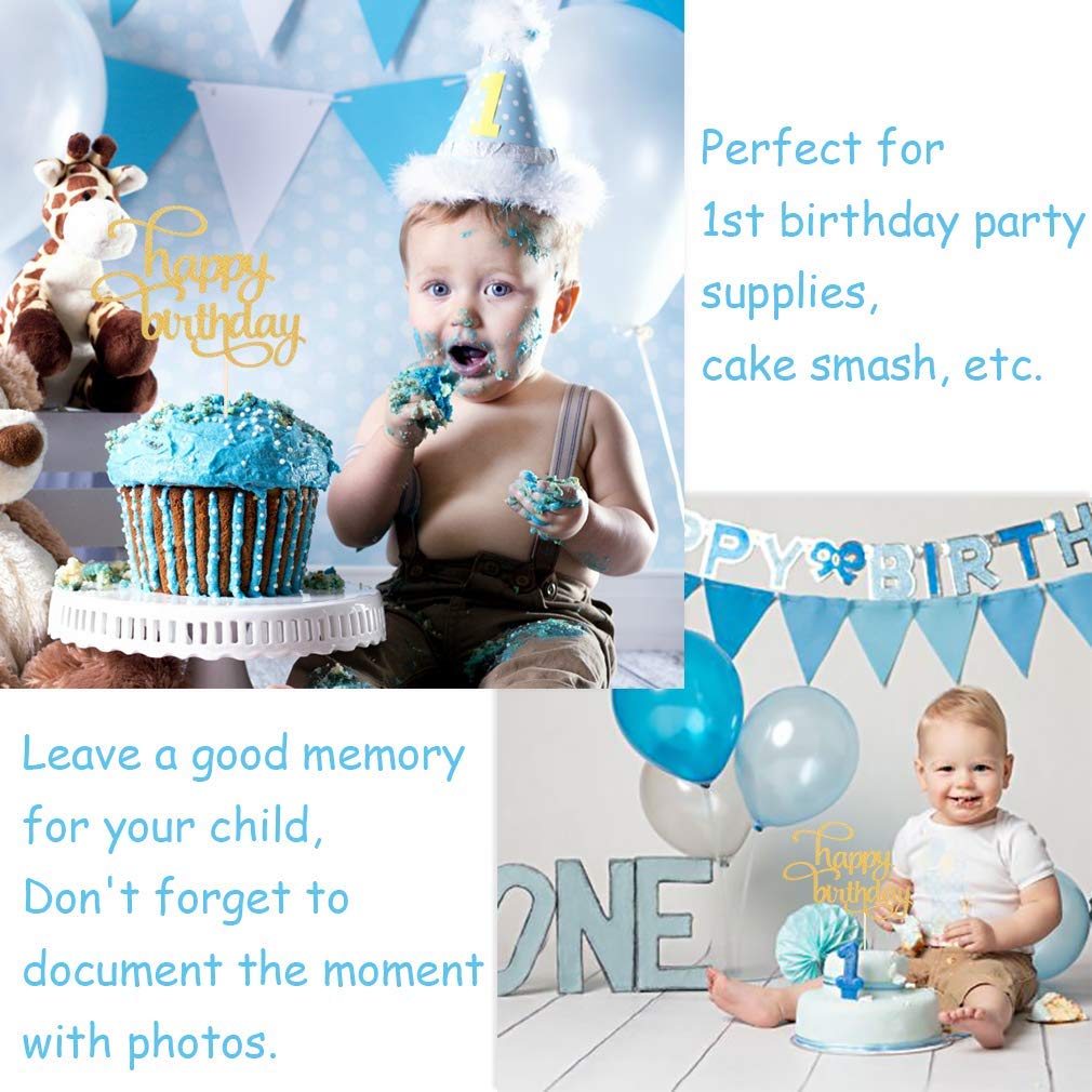 Leeleean Happy Birthday Cake Topper - Single-Sided Gold Glitter Shower Cake Topper For Photo Booth Props, First Anniversary Part