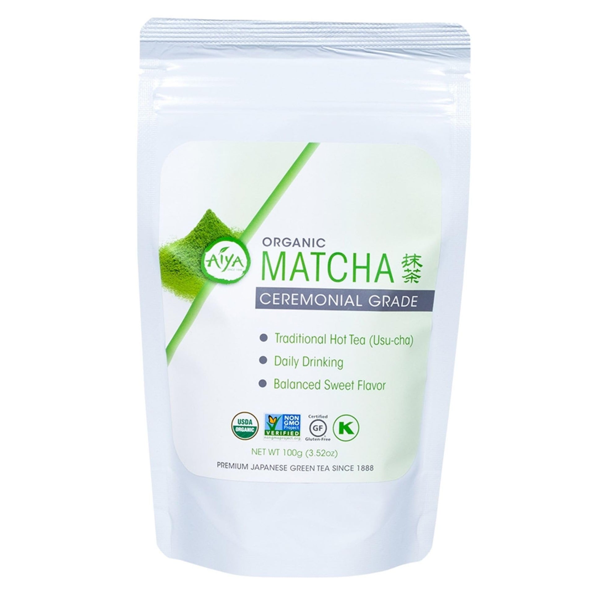 Aiya Certified Usda Japanese Organic Ceremonial Grade Matcha Green Tea Powder - Gluten-Free, Non-Gmo - 100G Bag (3.53 Oz.)