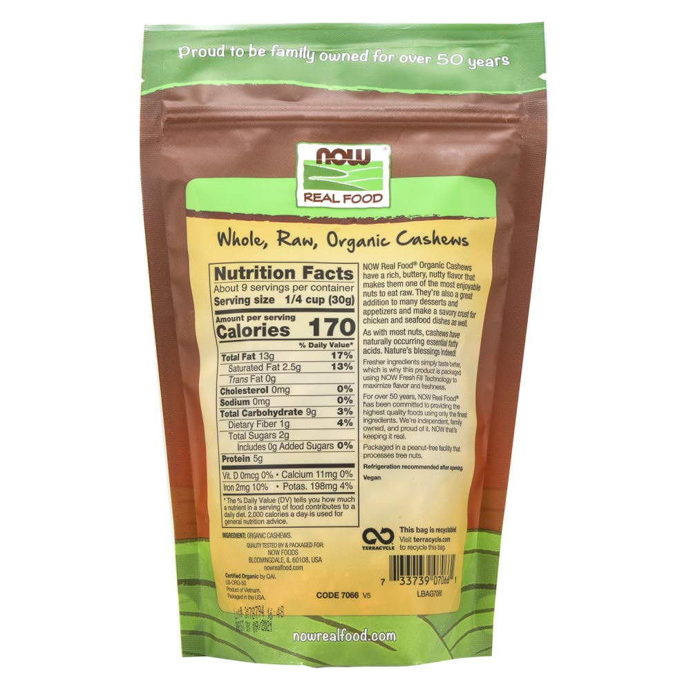Now Foods, Certified Organic Cashews, Whole, Raw And Unsalted, Rich Buttery Flavor, Source Of Fiber, Protein And Iron, Certified Non-Gmo, 10-Ounce (Packaging May Vary)