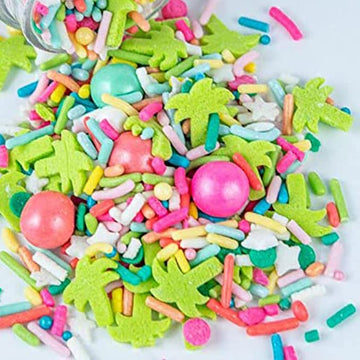 Sweets & Treats Boutique Luau Cake Decorations - 4oz Ice Cream Sprinkles, Pastel & Bright Jimmies with Edible Palm Tree Candy