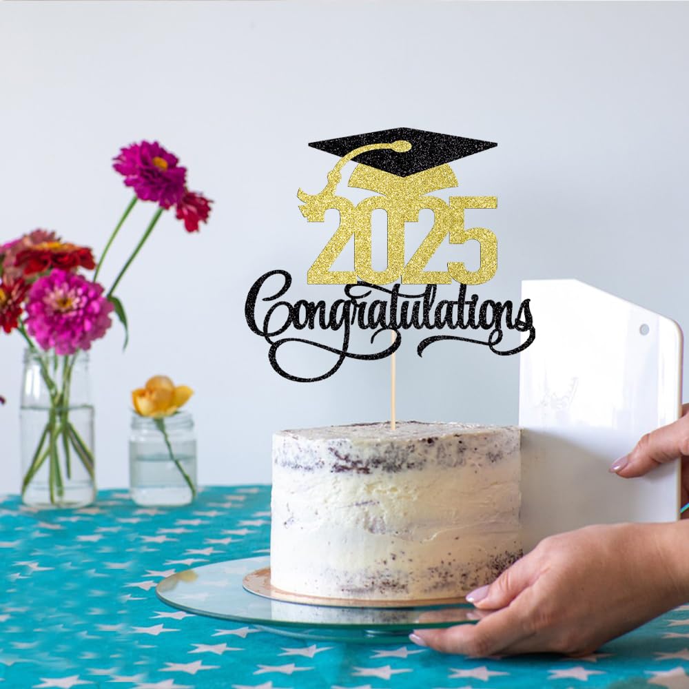 Florcmet Graduation Cake Topper, Black Gold Glitter, 5.1 x 6.5 inches, 2025 High School/College/Senior Decor