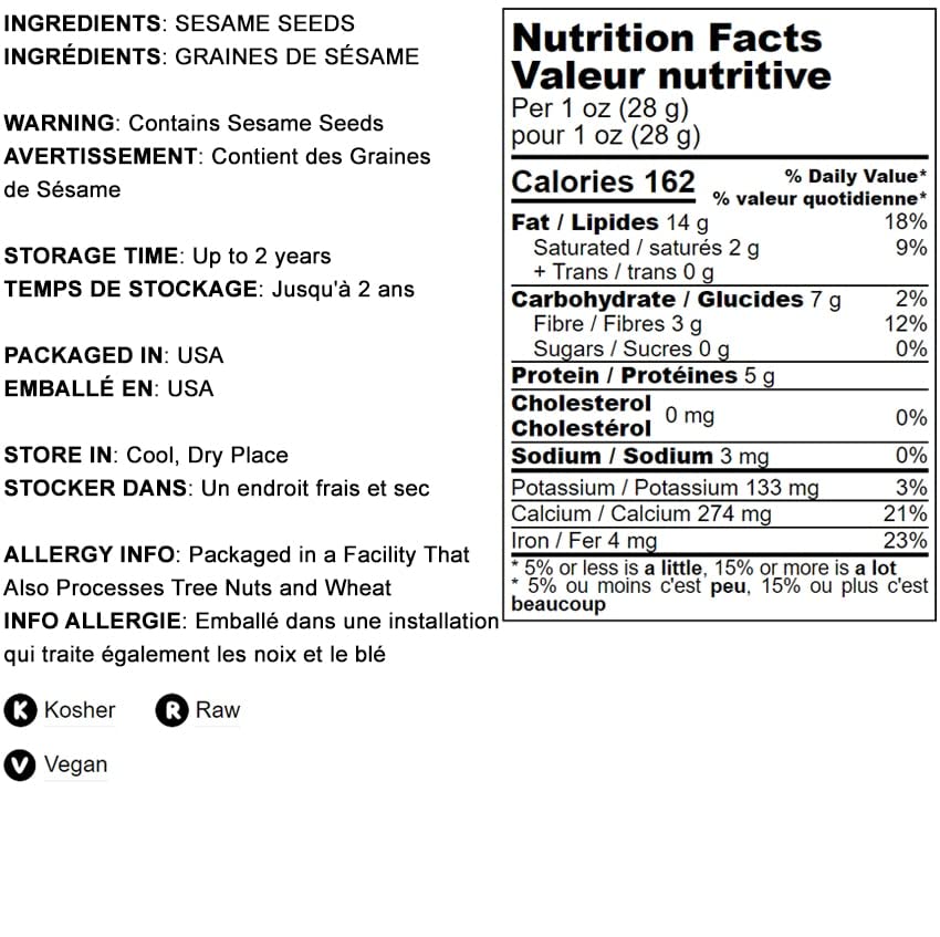 Hulled Sesame Seeds, 2 Pounds — Non-Gmo Verified, Whole Raw White Sesame Seeds, Kosher And Vegan, Unroasted, Bulk Sesame. High In Magnesium, Iron, And Calcium. Perfect For Tahini Paste
