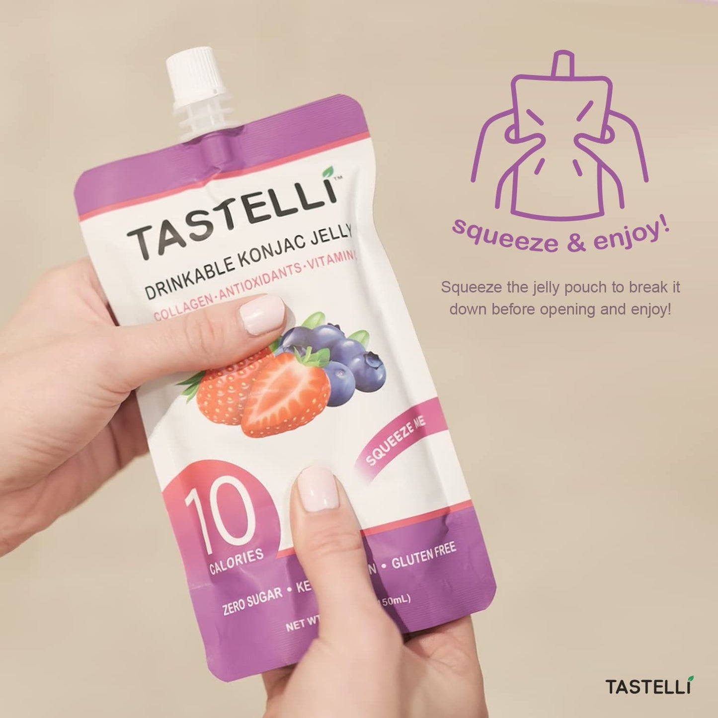 Tastelli Konjac Jelly Infused with Collagen + Vitamin C + Antioxidants / 10 Calories, Vegan, Zero Sugar/Healthy Drinkable Desser