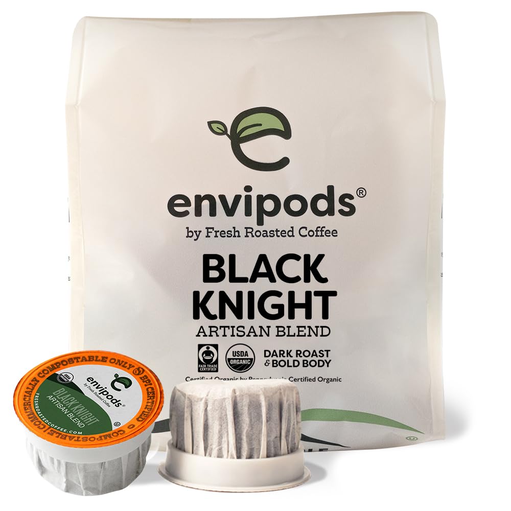 Fresh Roasted Coffee Organic Black Knight Envipods, Dark Roast, 12 Count for K Cup Brewers, BPI Compostable, USDA Organic