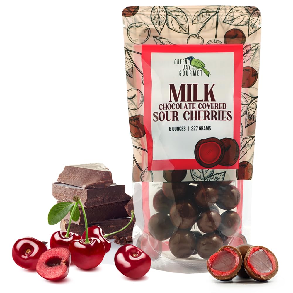 Green Jay Gourmet Chocolate Sour Cherries - Sour Candy Coated Michigan Cherries Dipped In Fresh Milk Chocolate - Handmade Candy - Unique & Great Gift For Chocolate Lovers - 8 Ounce Resealable Bag