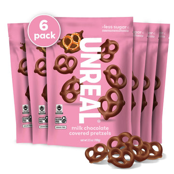 UNREAL Milk Chocolate Covered Pretzels, 7g Sugar, Chocolate Candy Treat Bag, Gluten Free, Fair Trade, Non-GMO, 3.5oz (Pack of 6)