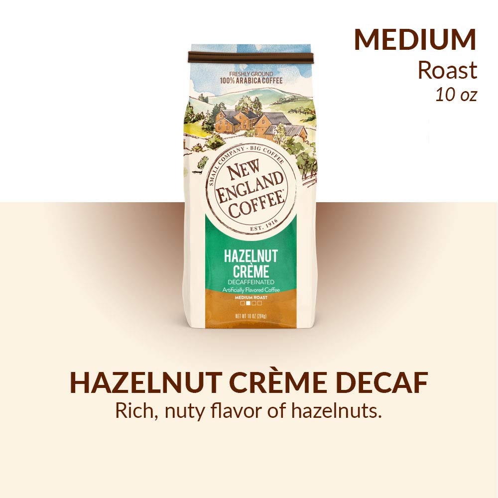 New England Coffee Hazelnut Crème Decaffeinated Medium Roast Ground Coffee, 10Oz Bag (Pack Of 1)