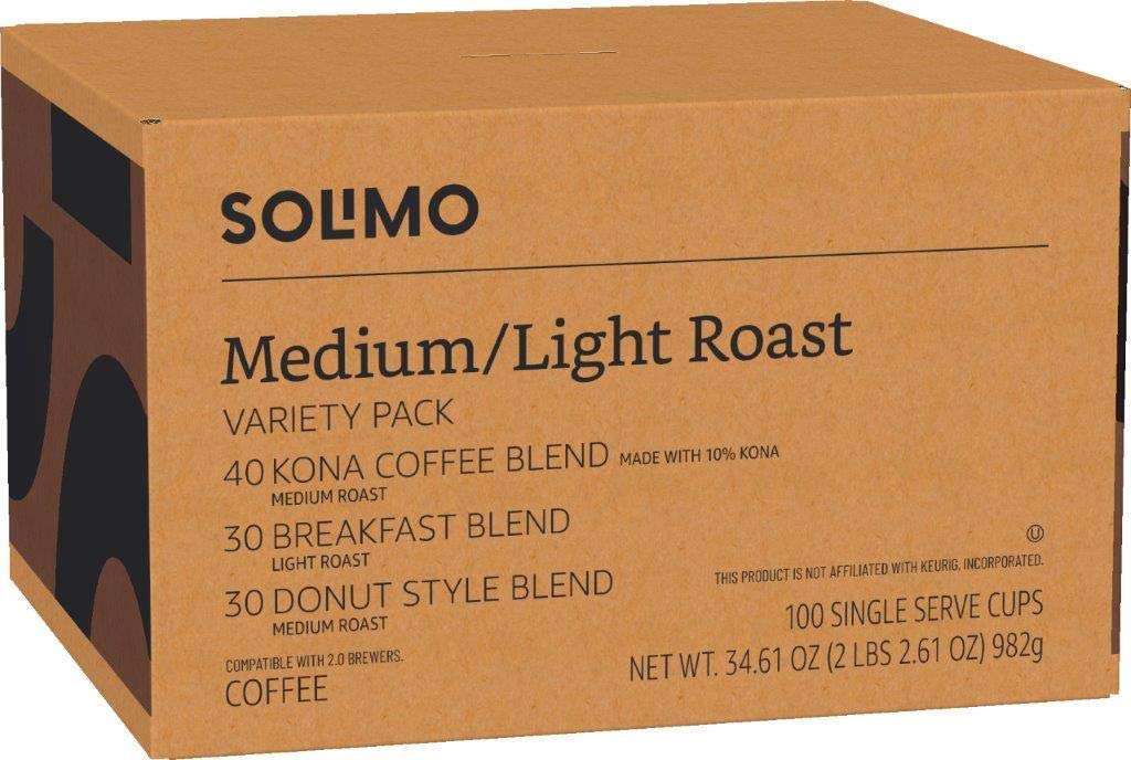 Solimo Variety Pack Coffee Pods, Light & Medium Roast, 100 Count, Compatible with Keurig 2.0 K-Cup malt-inspired