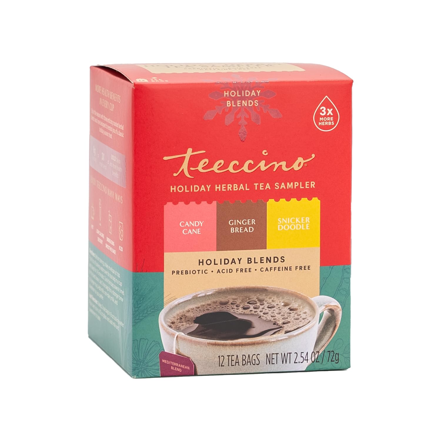 Teeccino Holiday Herbal Tea Sampler Assortment - Candy Cane  Flavor Blendgerbread  Snickerdoodle - Energy Blend-Free Holiday Dessert Teas With Prebiotic Chicory  12 Tea Bags