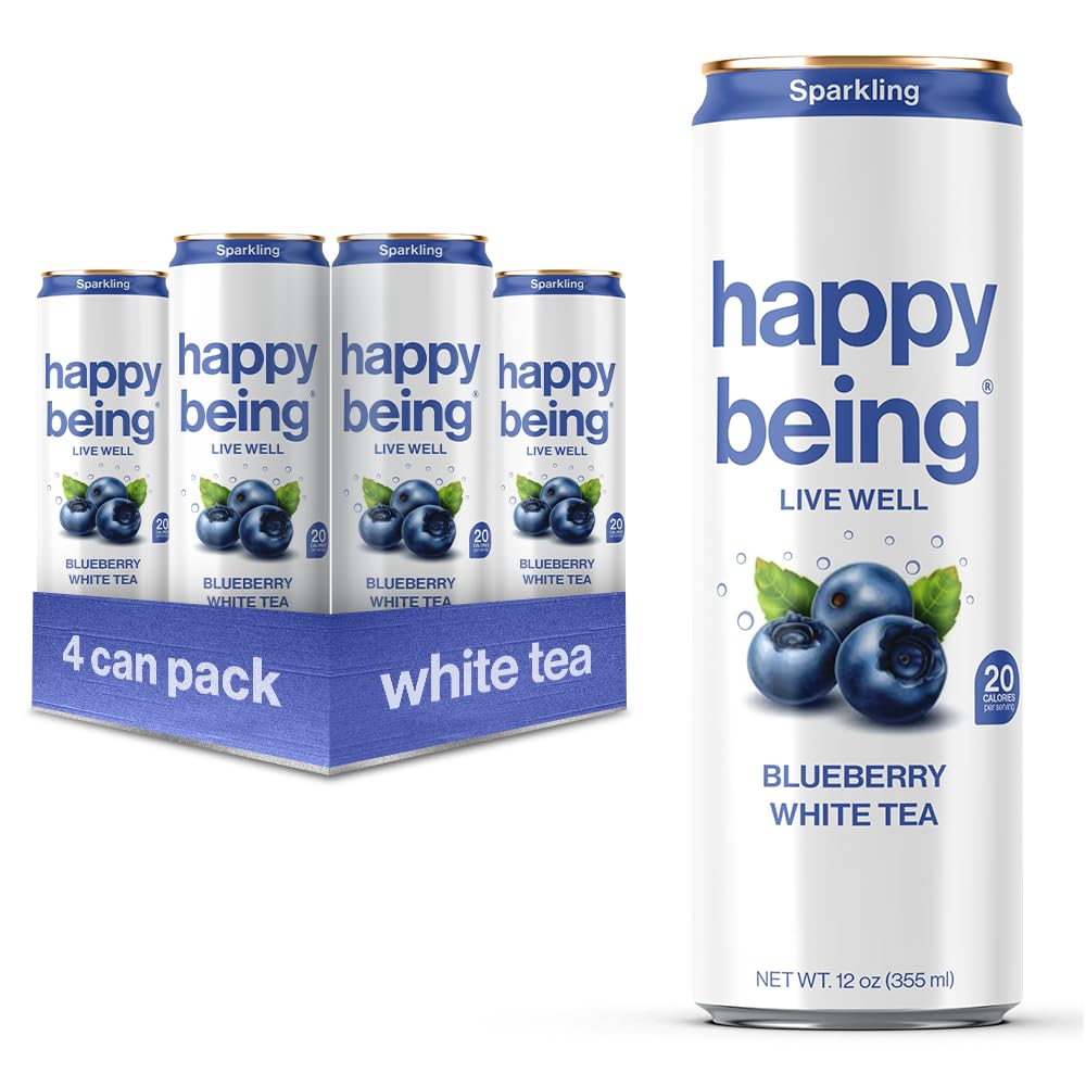 Happy Being Sparkling Blueberry White Tea, Infused with Turmeric & Elderberry, Caffeine Free, 12oz (4 Pack)