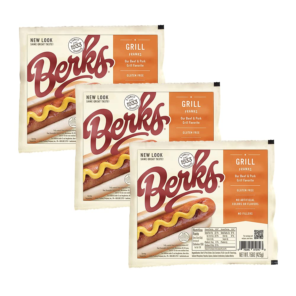 Berks Beef and Pork Grill Hot Dogs, Gluten-Free, Pack of 3, 8 per Pack