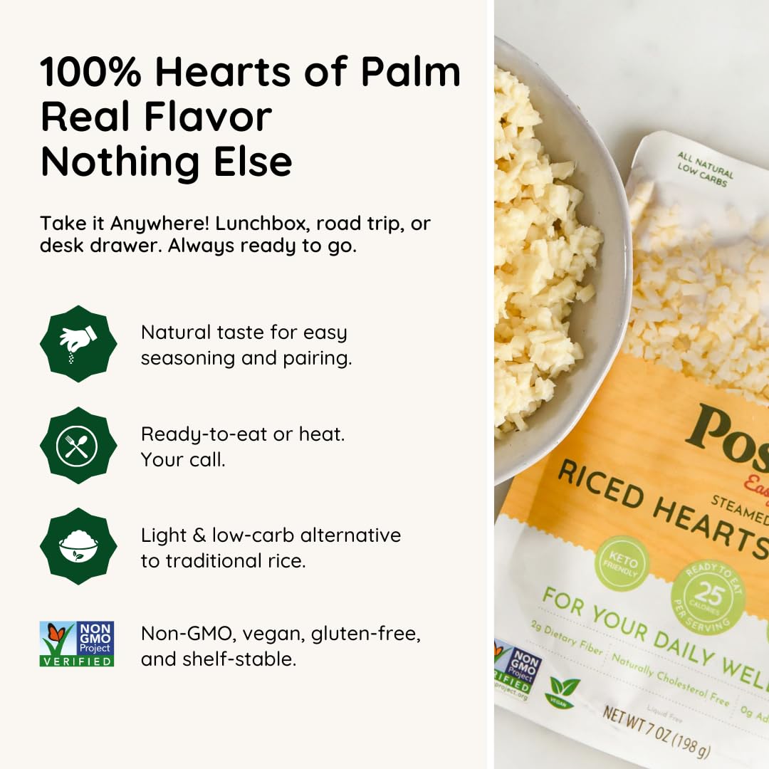 Poshi Riced Heart Of Palm | All Natural, Fully Cooked, Ready To Eat, Non-Gmo, Low Calorie + Carb, Gluten Free, Vegetable Rice, M
