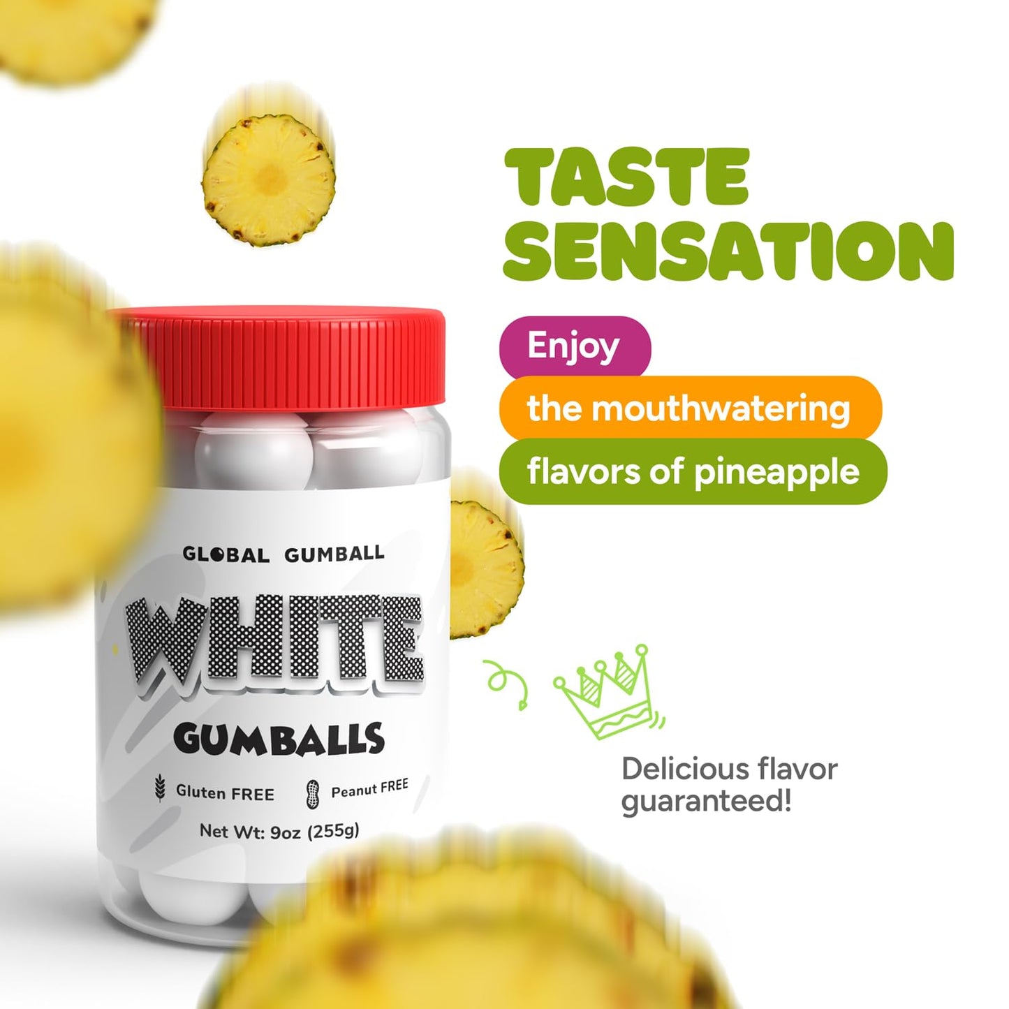 Gumballs in Jar - 1 Inch Large Gumballs - Pineapple Bubble Gum White Gumballs - Kids Chewing Gum - Gumballs for Kids 9 OZ
