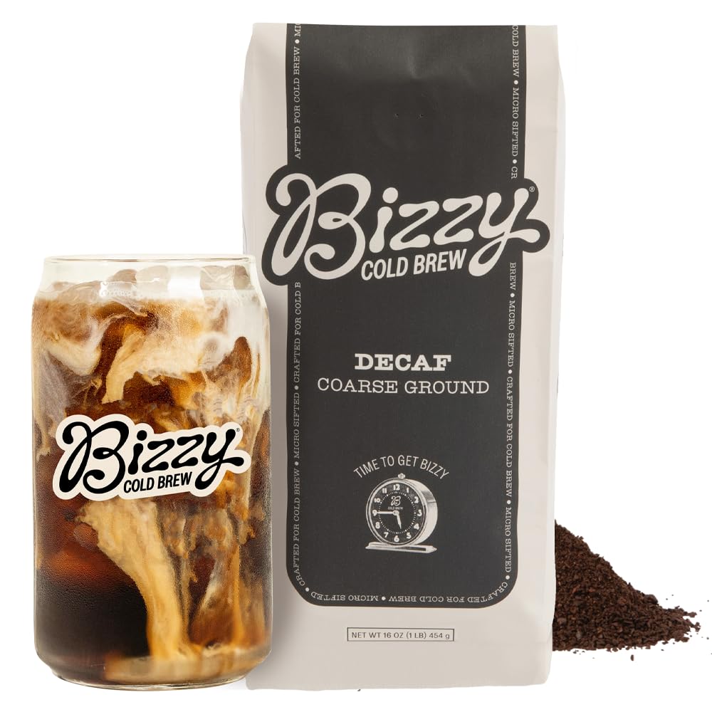 Bizzy Cold Brew Coffee Decaf Blend Coarse Ground 100% Arabica 16 Ounce White