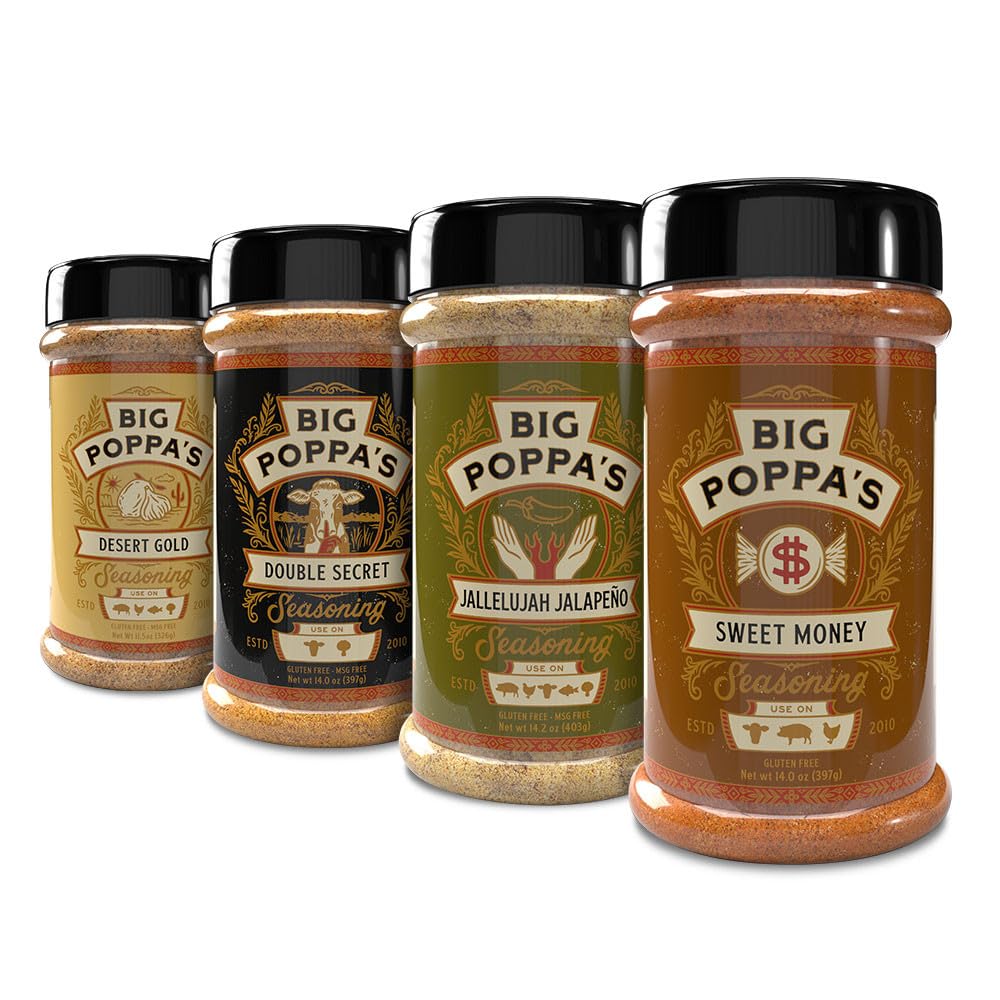 Big Poppa Smokers BBQ Spice Bundle - Gluten-Free 4-Pack with Sweet Money, Double Secret, Desert Gold & Jallelujah Jalapeno Seasoning