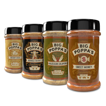 Big Poppa Smokers BBQ Spice Bundle - Gluten-Free 4-Pack with Sweet Money, Double Secret, Desert Gold & Jallelujah Jalapeno Seasoning
