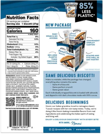 Nonnis Almond Chocolate Biscotti - Dark Chocolate Dipped, 24 Count, Individually Wrapped, 15.9 x 15.2 x 20.7 cm