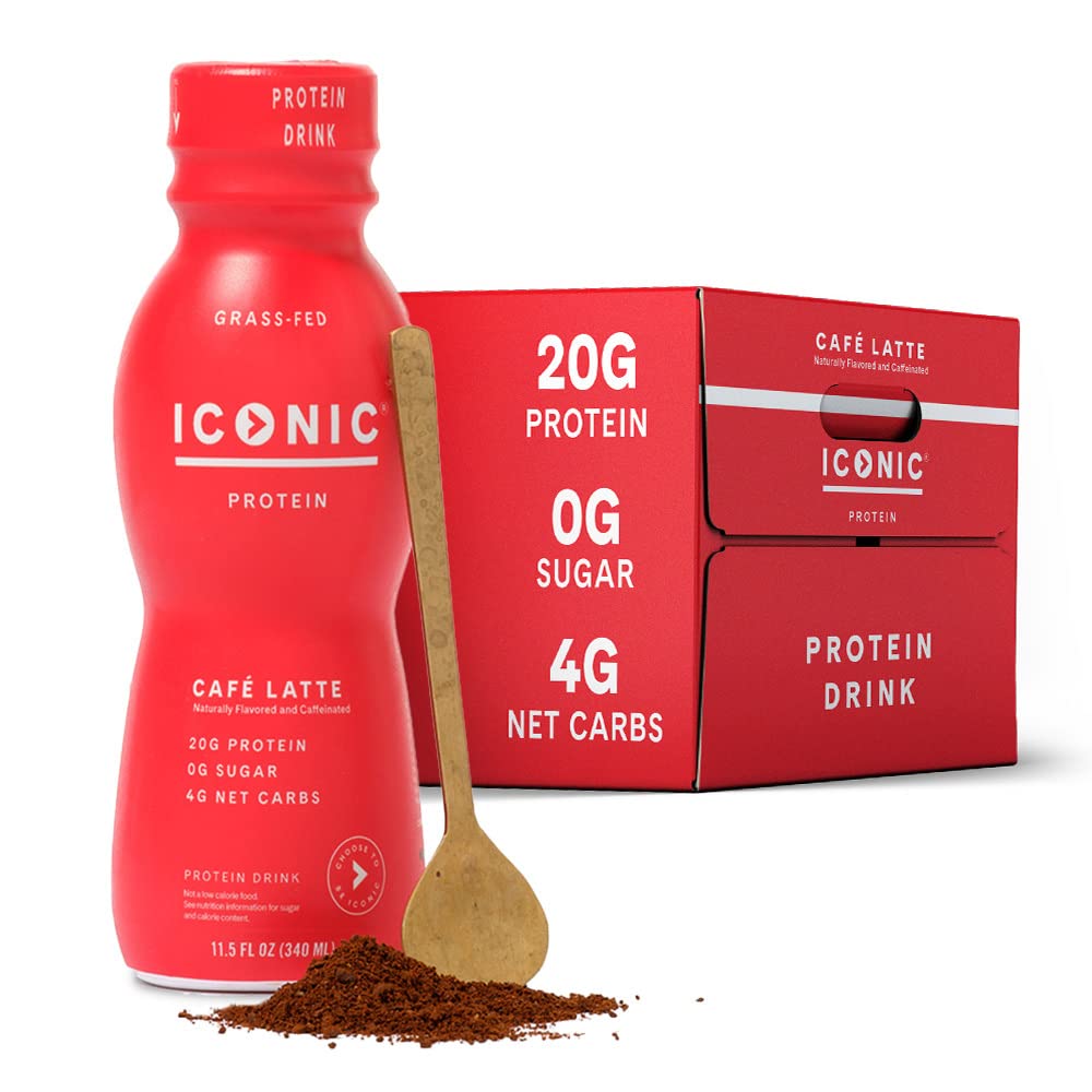 ICONIC Protein Drinks, Café Latte, Sugar Free, Low Carb, 20g Protein, 100mg Caffeine, 11 Fl Oz (Pack of 12)