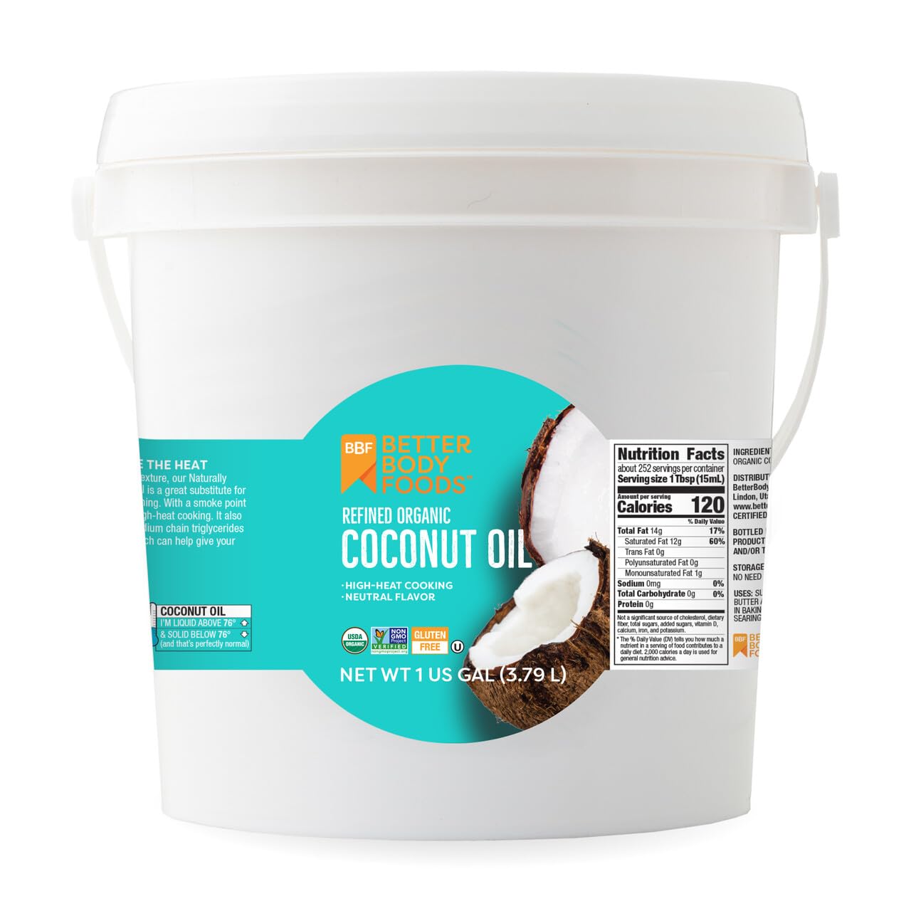 Betterbody Foods Refined Organic Coconut Oil With Neutral Flavor And Aroma, Non-Gmo, Cooking Oil, 1 Gallon