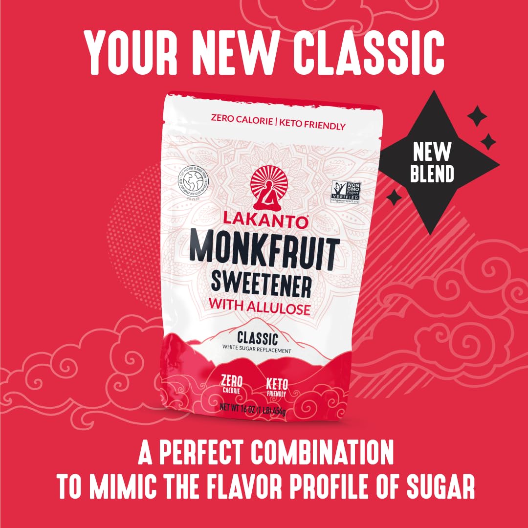 Lakanto Monk Fruit Sweetener With Allulose, Cane Sugar Substitute From Monk Fruit Extract, Classic White Sugar Replacement for B