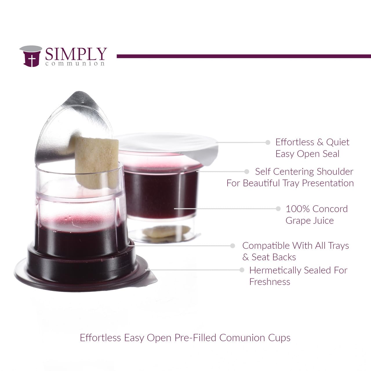 Simply Prefilled Communion Cups and wafer set - Tray & Seatback Pew Compatible - Concord Juice & Bread - Box of 600 - Easy Open 2-part system - Made in the USA - comuni?n cups and bread