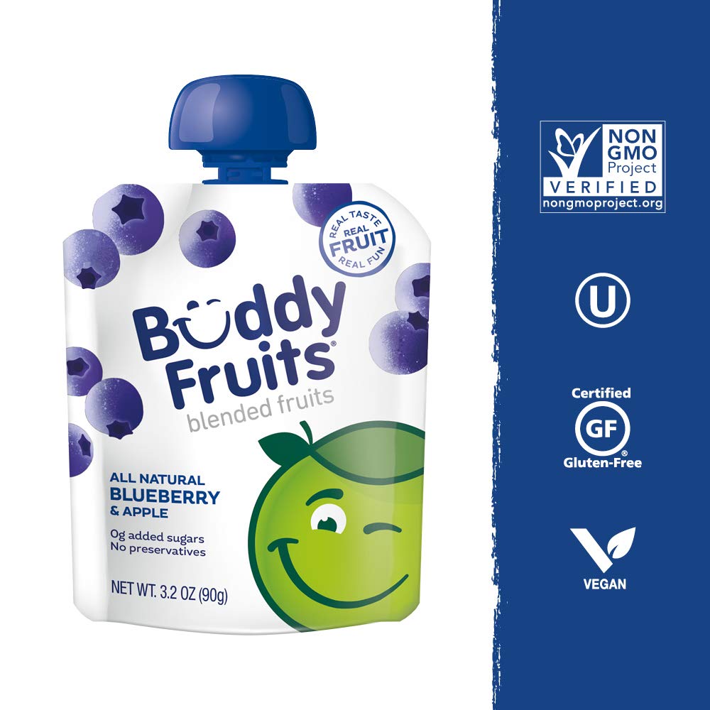 Buddy Fruits Snacks To Go Blueberry Unsweetened Applesauce 3.2Oz Pouch (18Pk) Gluten-Nut-Dairy-Preservatives-Bpa Free, Non Gmo,