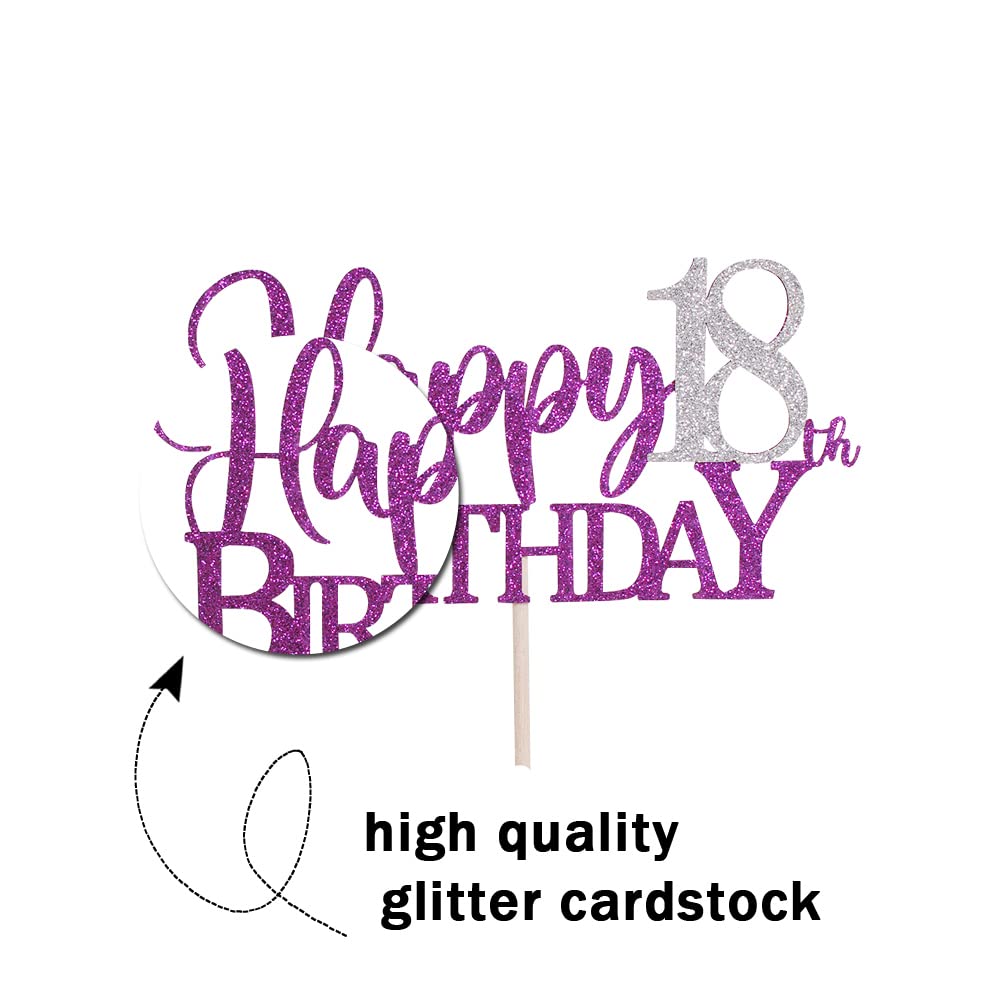 Purple Glitter Happy 18Th Birthday Cake Topper,Hello 18, Forever 18 Party Decoration