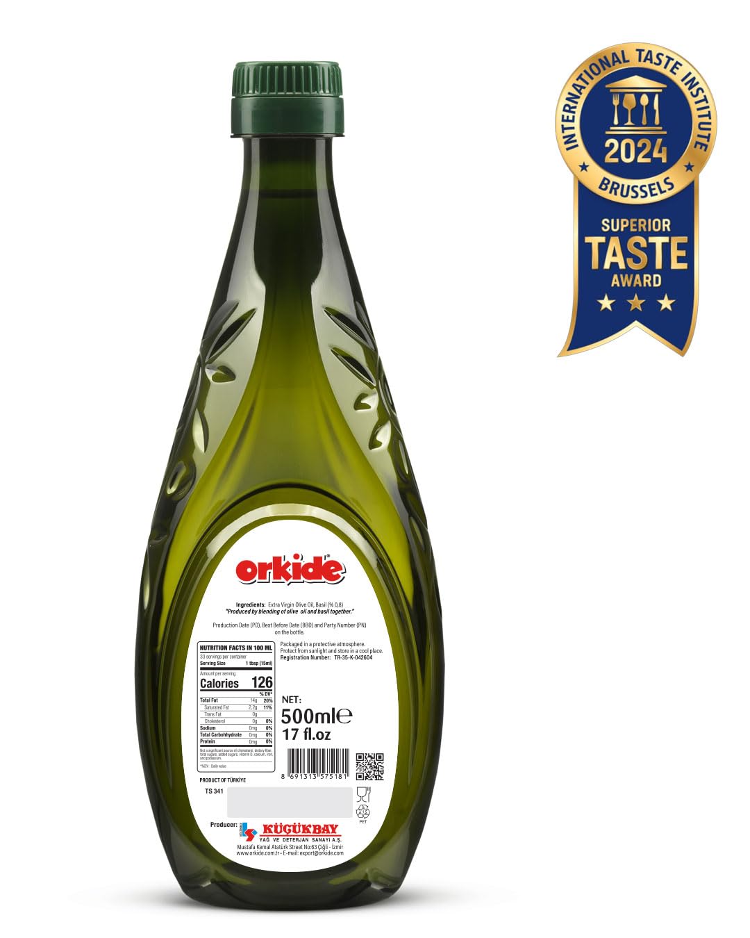 Orkide Basil Infused Olive Oil, Robust Mediterranean Blend, FFA 0.3, Polyphenol+400, 17 fl oz