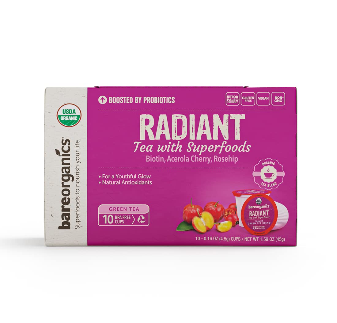 BareOrganics Radiant Tea Withuperfoods & Probiotics | Compatible Tea Pods | USDA Certified Organic  Vegan  Non-GMO & Recyclable 60ct