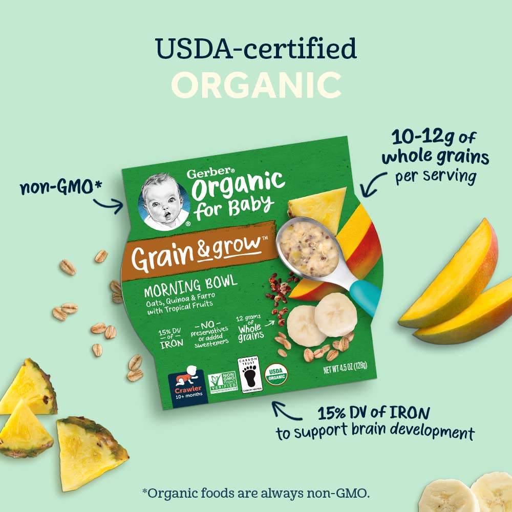 Gerber Organic Grain & Grow Morning Bowl, Oats, Barley & Red Quinoa With Banana & Summer Berries, 4.5 Ounce (Pack Of 8)
