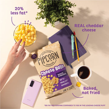 Heirloom White Cheddar Cheese Balls By Pipcorn - 4.5Oz 6Pk - Healthy Snacks, Gluten Free, Heirloom Corn, Baked Not Fried
