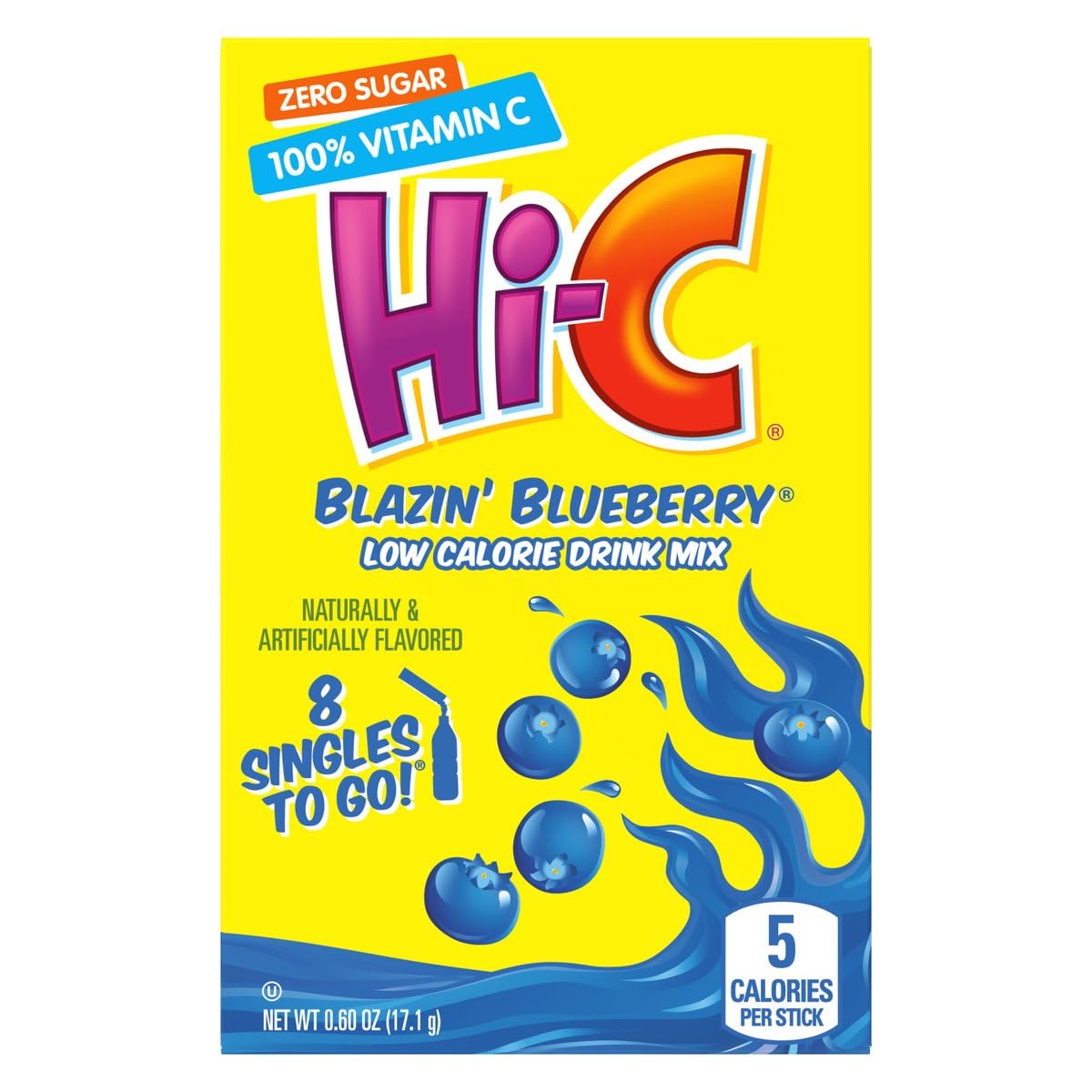 Hi-C Singles To Go Drink Mix Blazin' Blueberry Pack Of 6, 48 Total Servings - 8 Servings Per Box, Low Calorie - Zero Sugar, Wate