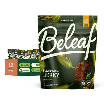 Beleaf Jalapeño Plant-Based Jerky: High-Protein Snack – Healthy And Flavorful Vegan Jerky For On-The-Go Energy – Tasty Meatless, Vegetarian Meat Alternative (12 Pack)