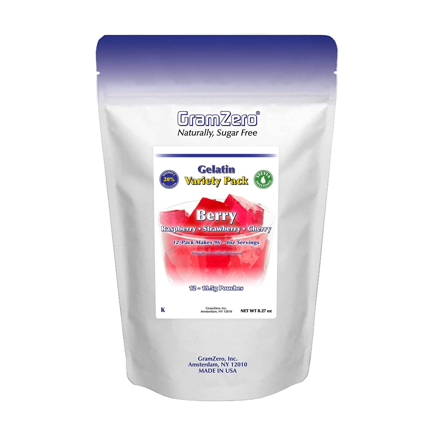 Gramzero Berry Variety (Raspberry, Strawberry, Cherry) Sugar Free Gelatin Mix 12-Pack, Zero Carb Dessert, Stevia Sweetened