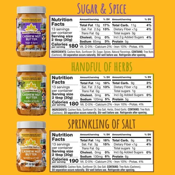 Sunshine Nut Co. Gourmet Cashew Butter Trio (Salt, Herbs, Sugar & Spice) - Creamy Natural Nut Butter, Ethically Sourced, Vegan,