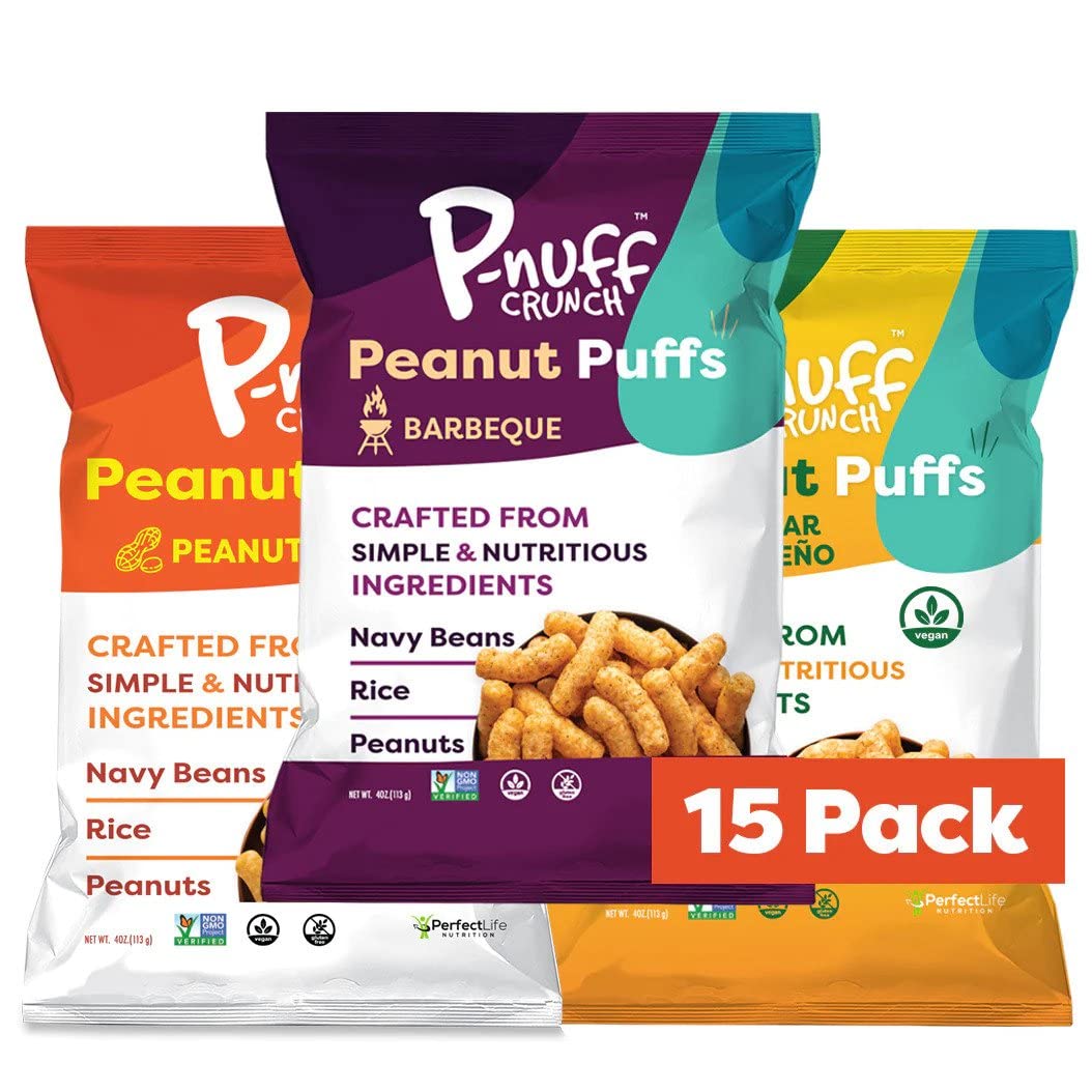 P-Nuff Peanut Butter Puffs - Healthy Vegan Snacks, High Protein, Gluten Free, 4 Oz Bag (Pack of 15)