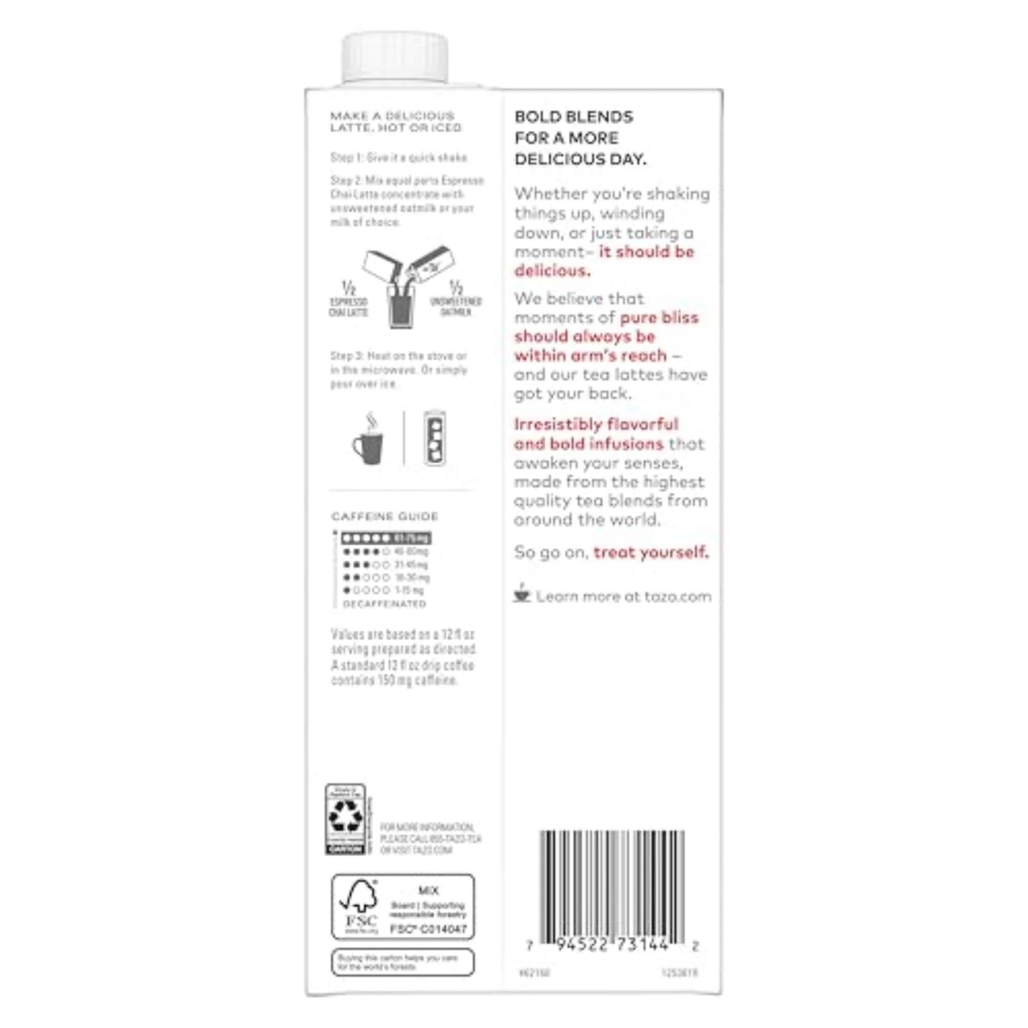 TAZO Espresso Chai Latte  Black Tea Concentrate  Easy to Serve Espresso Chai Tea for Everyday Cafe Style Lattes  Hot or Iced Coffee-like experience  Barista Approved  32oz Tea Mix Carton