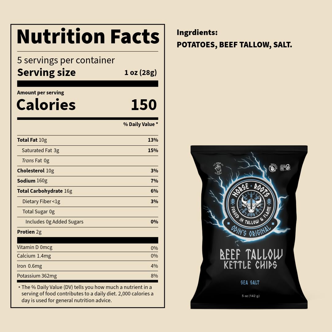 Norse Roots Beef Tallow Kettle Chips Variety Pack - 6 Flavors (Sea Salt  Honey BBQ  Rosemary Steak  Cheddar & Sour Cream  Spicy All Seasoned  Salt & Pepper) - Seed Oil Free  Gluten Free  6 Pack  5 oz Bags