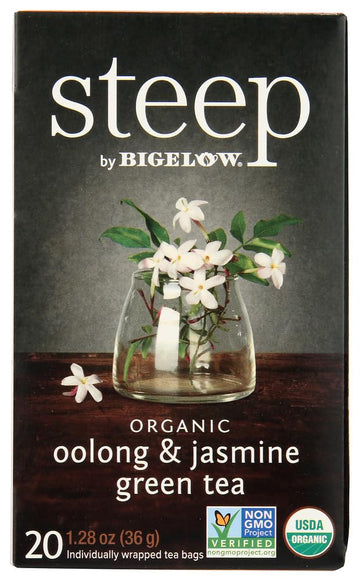 Steep Organic Oolong With Jasmine Green 20 Count Box, Certified Organic, Gluten-Free, Kosher Tea In Foil-Wrapped Bags