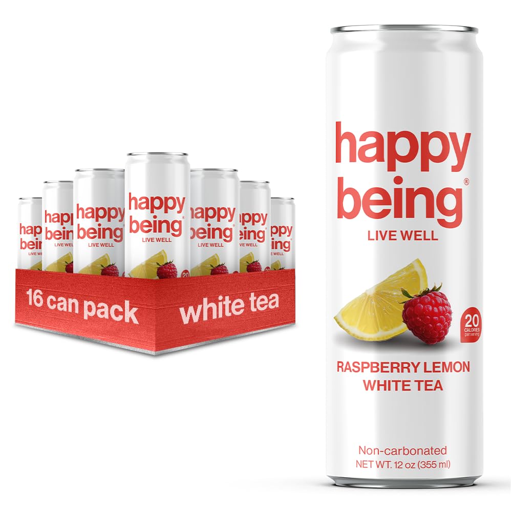 Happy Being Organic Raspberry Lemonade White Tea, Turmeric & Elderberry, 12oz, Caffeine Free, Low Calorie, 16 Pack