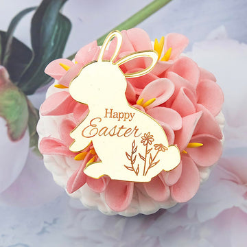 Aiqi Bakes Easter Bunny Cupcake Toppers, 24 Pack Acrylic Decorations, Pink And Gold, Happy Easter Party Supplies